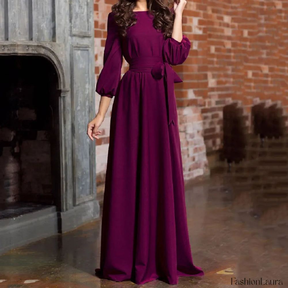For Women 2024 Long Sleeve Crew Neck Solid Color Lantern Sleeve With Belt Formal Elegant Prom Dress Purple / S