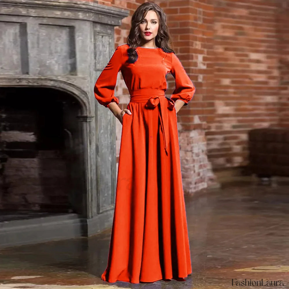 For Women 2024 Long Sleeve Crew Neck Solid Color Lantern Sleeve With Belt Formal Elegant Prom Dress Red / S