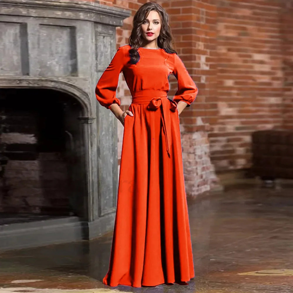 For Women 2024 Long Sleeve Crew Neck Solid Color Lantern Sleeve With Belt Formal Elegant Prom Dress Red / S