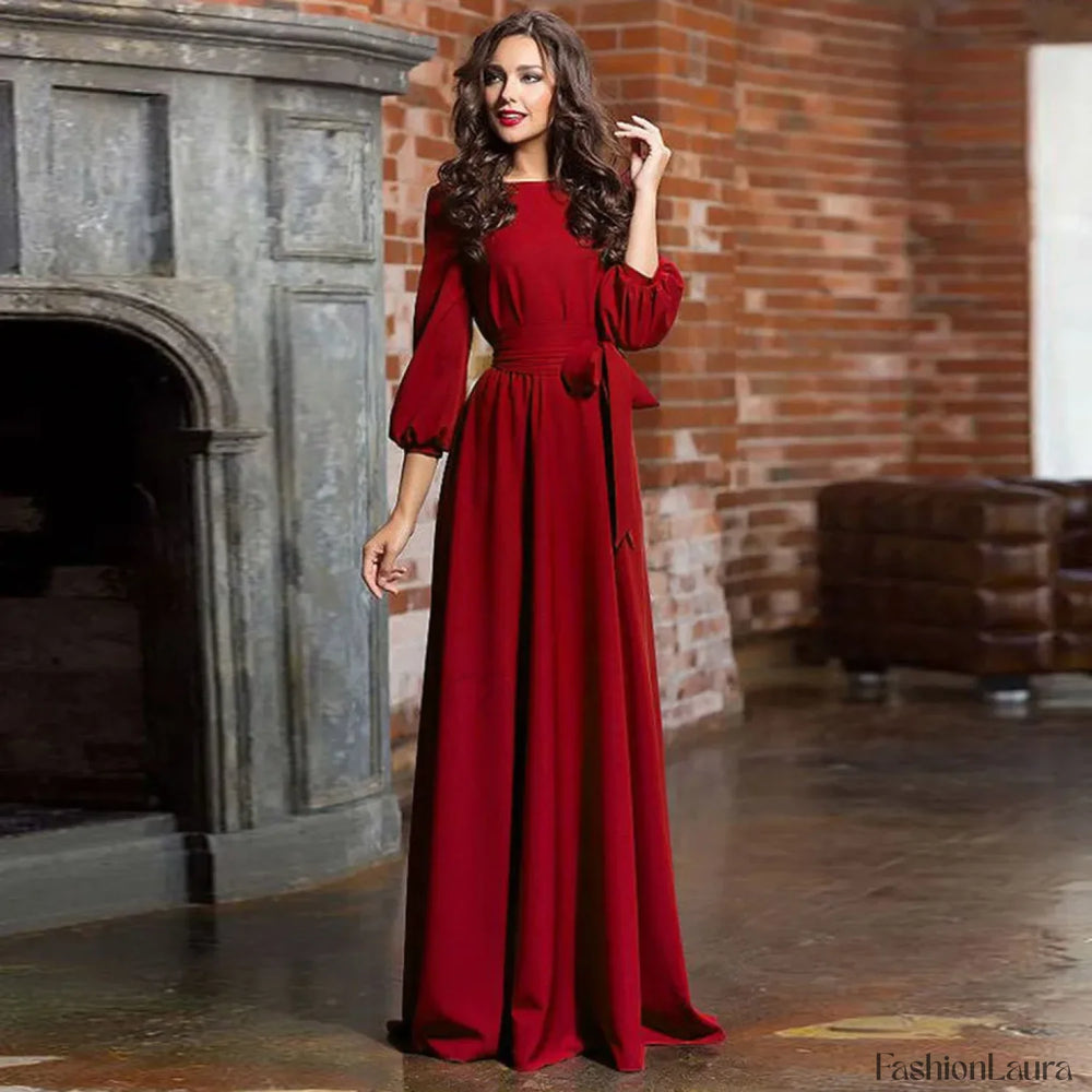 For Women 2024 Long Sleeve Crew Neck Solid Color Lantern Sleeve With Belt Formal Elegant Prom Dress Wine / S