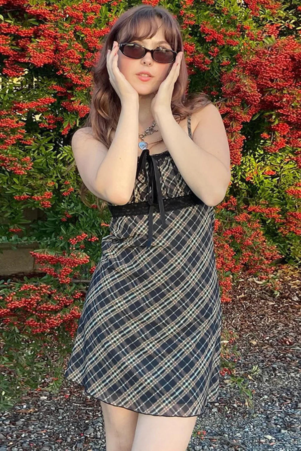 French Checkered Cami Lace Mesh A-Line Mini Dress Secondary image