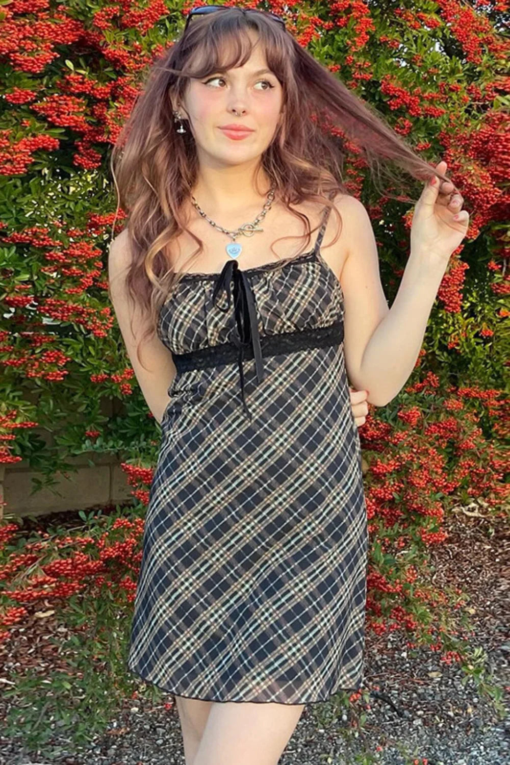 French Checkered Cami Lace Mesh A Line Mini Dress Black / S Main image