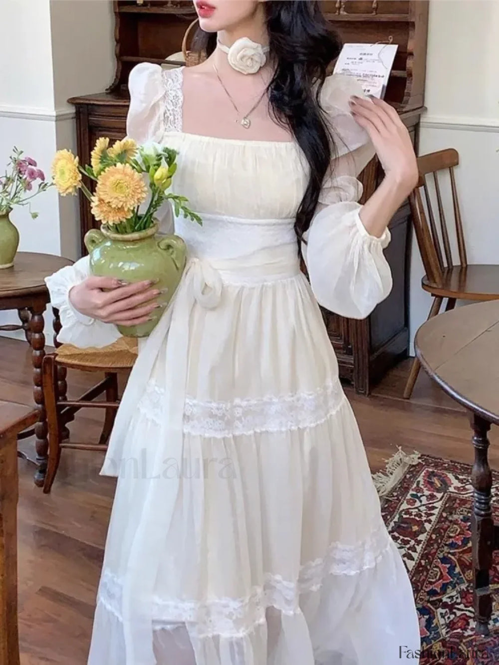 French Elegant Lace Solid A Line Evening Party Midi Dress apricot midi / XS