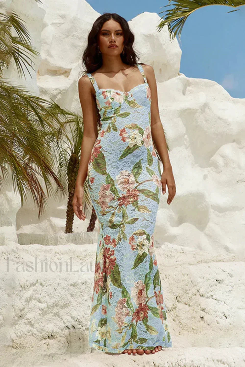 French Retro Lace Vest Sleeveless Printed Floral Dress Blue / S Main image