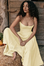 French Vintage Strap Midi Dress Light Yellow / S