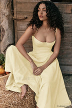 French Vintage Strap Midi Dress Light Yellow / S
