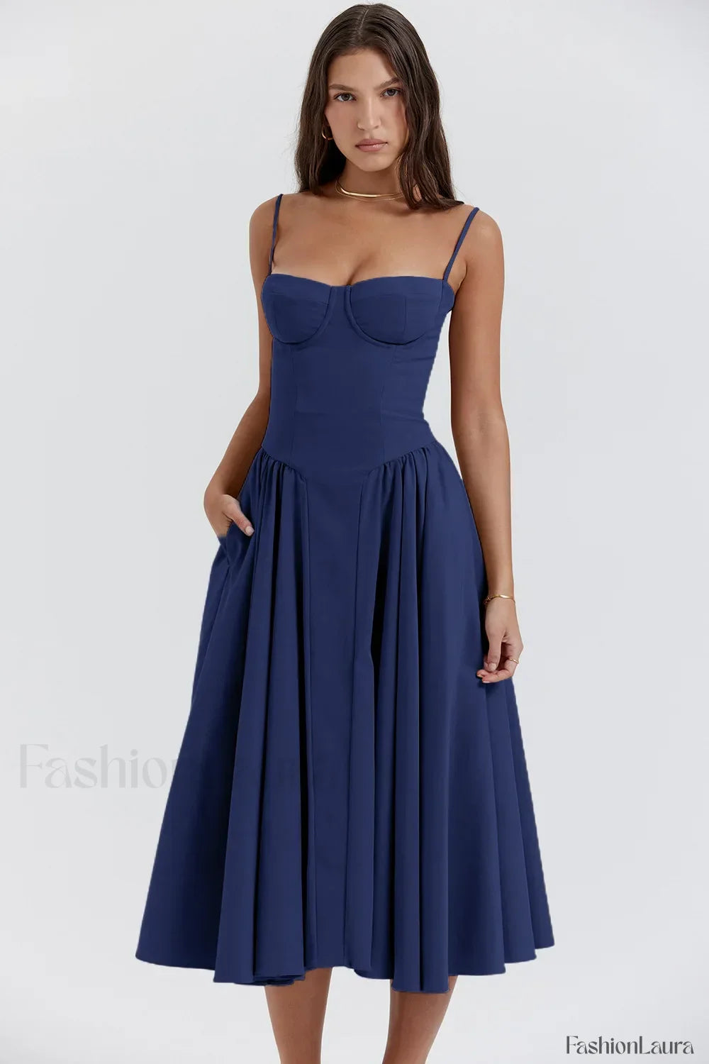 French Vintage Strap Midi Dress Navy Blue / S