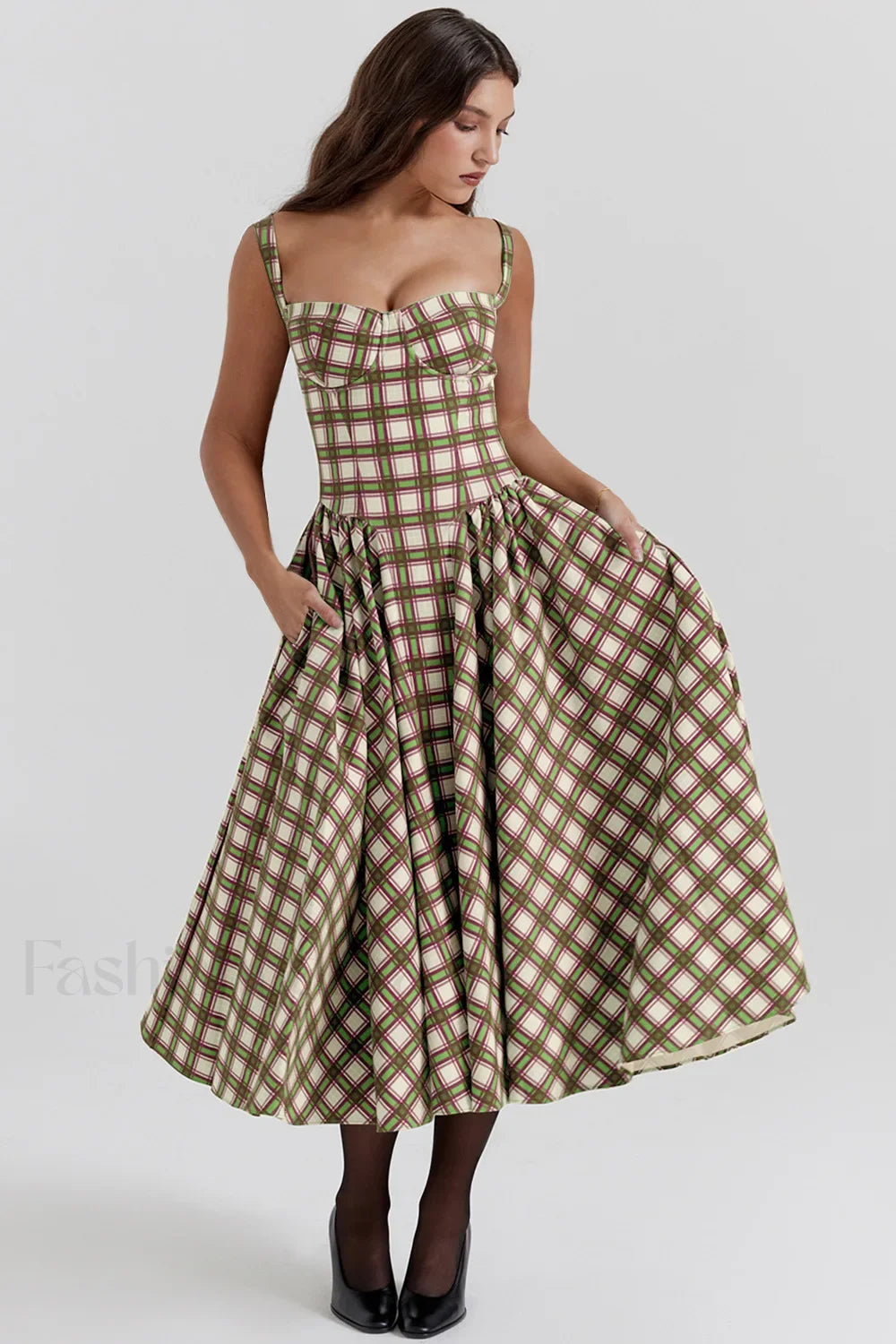 French Vintage Strap Midi Dress Tartan 2 / S