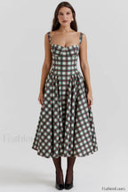 French Vintage Strap Midi Dress Tartan 3 / S