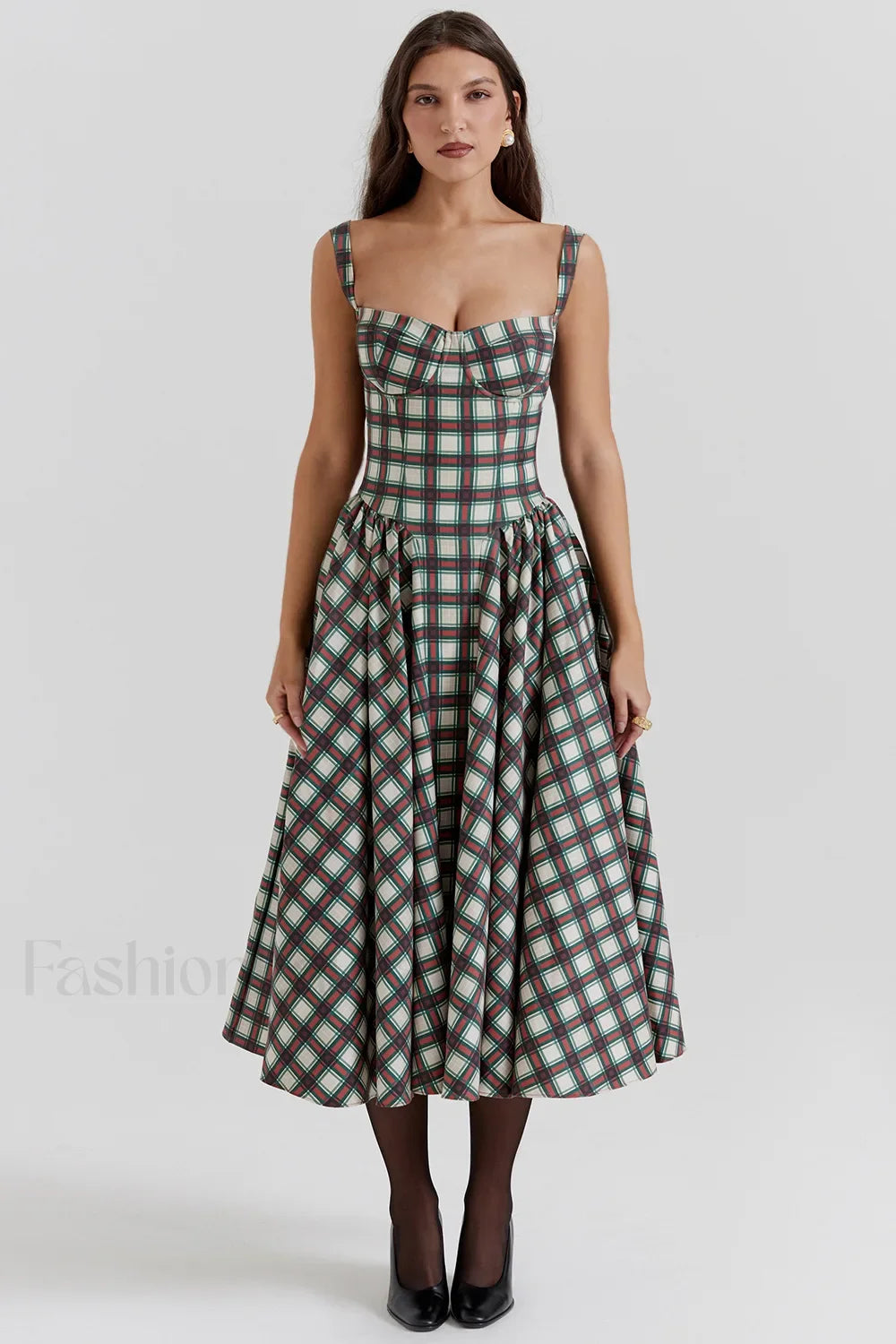 French Vintage Strap Midi Dress Tartan 3 / S