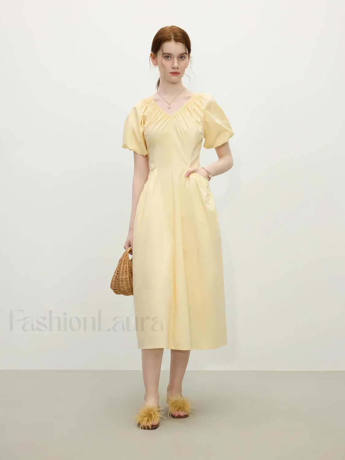 French Waist Slim Midi Dress Yellow / XS