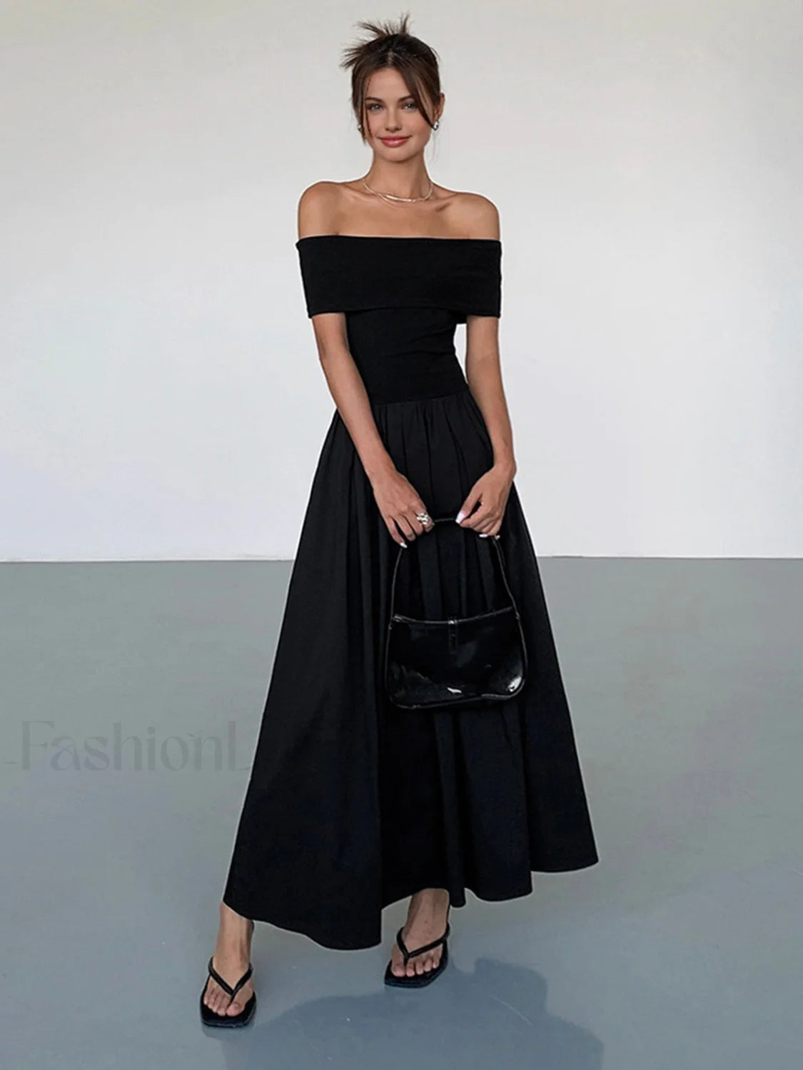 Frenchy Solid Graceful Off Shoulder Long Dress Black / XS Dresses Main image