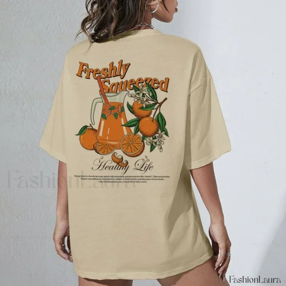 Fresh Back Print Loose Botanical Vintage T Shirt Khaki / XS