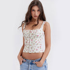 Fresh Tie Front Square Neck Frill Bustier Floral Printed Tank Top Pink S / Pink Floral Tops
