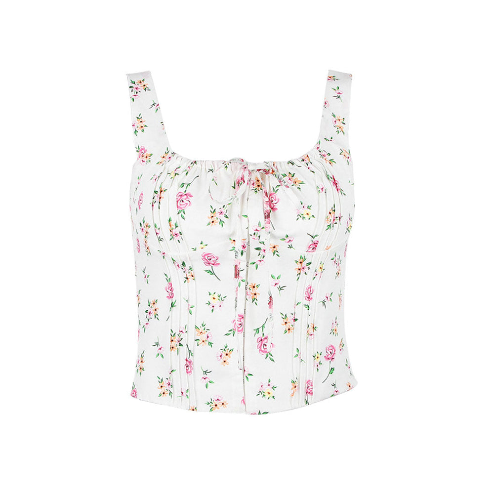 Fresh Tie Front Square Neck Frill Bustier Floral Printed Tank Top Pink Floral Tops