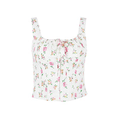 Fresh Tie Front Square Neck Frill Bustier Floral Printed Tank Top Pink Floral Tops