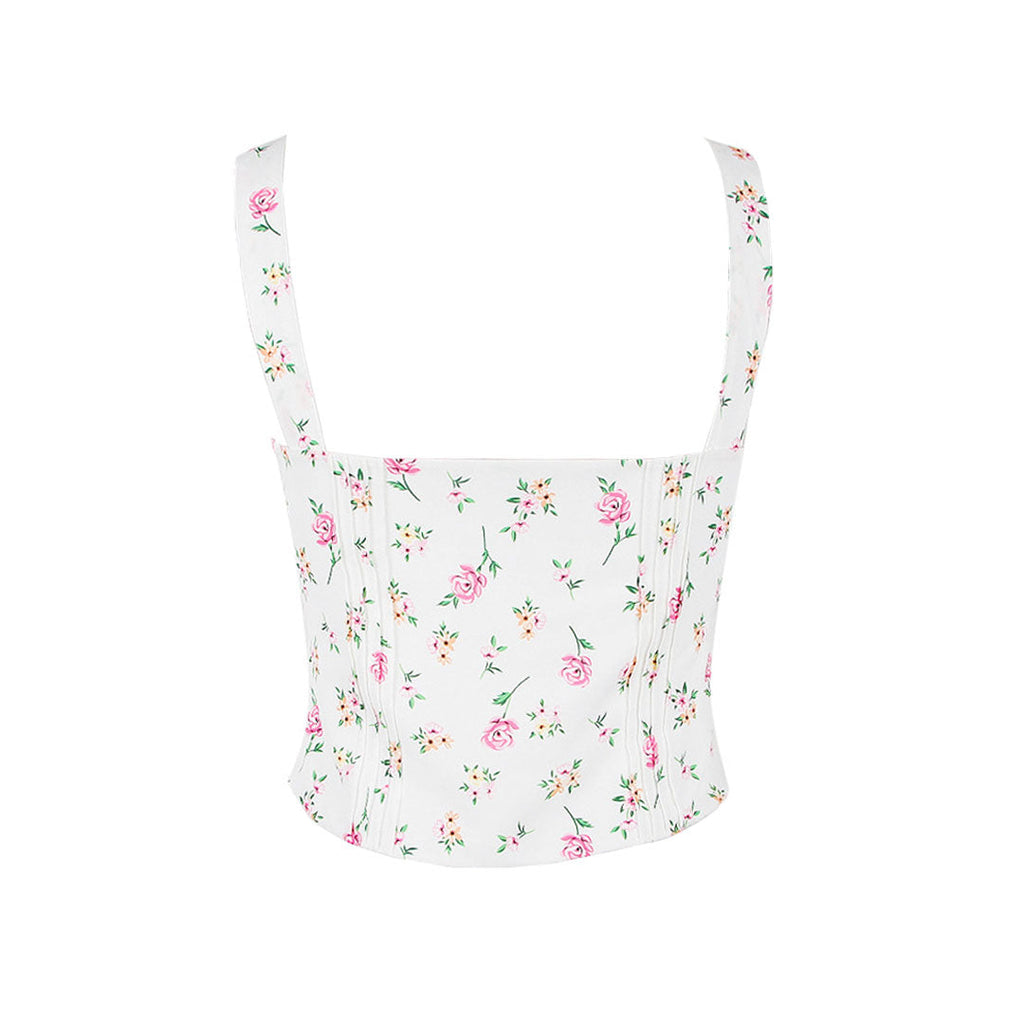Fresh Tie Front Square Neck Frill Bustier Floral Printed Tank Top Pink Floral Tops