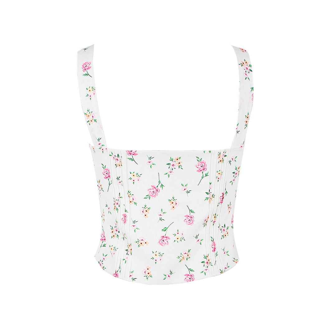 Fresh Tie Front Square Neck Frill Bustier Floral Printed Tank Top Pink Floral Tops