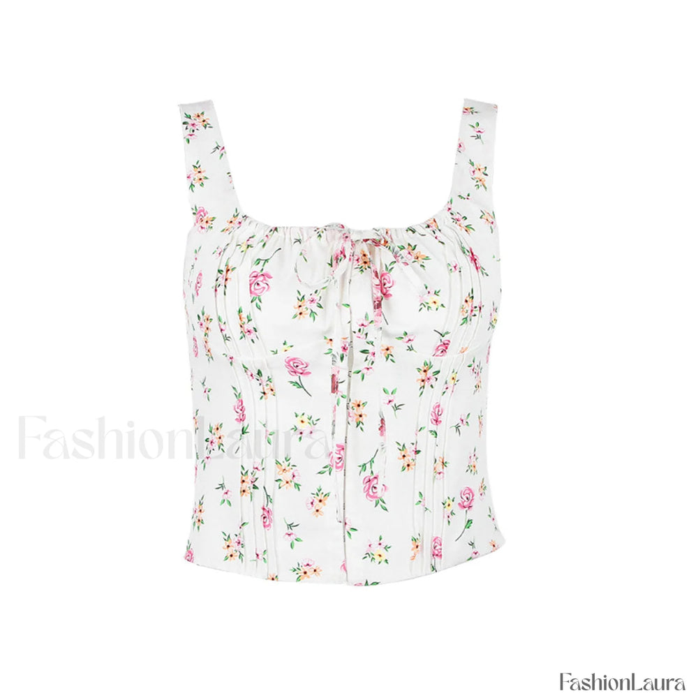 Fresh Tie Front Square Neck Frill Bustier Floral Printed Tank Top Pink Floral Tops