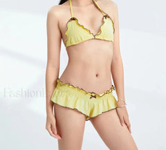 Frilled Padded Back Tie Bikini Set Yellow / S