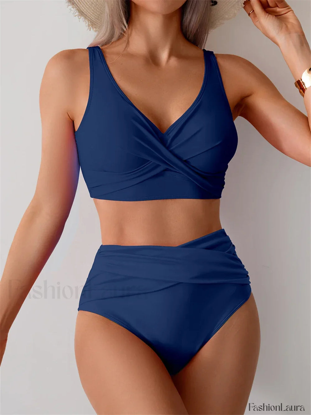 Front Cross High Waist Bikini Set Grey Blue / S