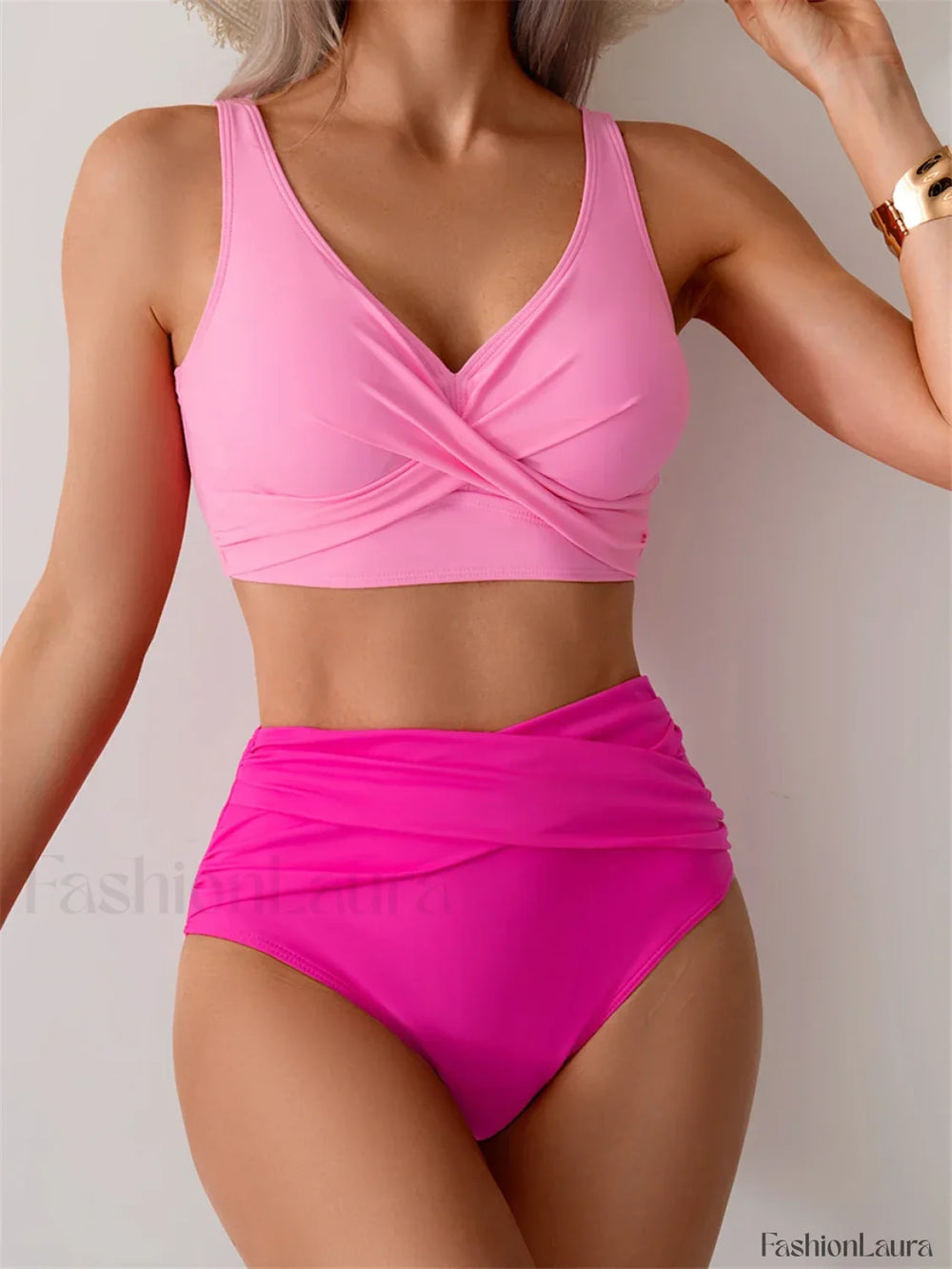 Front Cross High Waist Bikini Set Rose Red / S