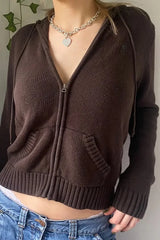 Full Zip Knit Hooded Hoodie Brown / S