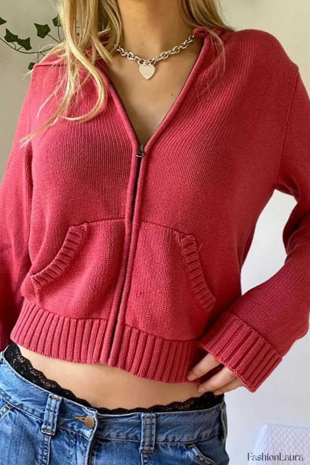 Full Zip Knit Hooded Hoodie Red / S