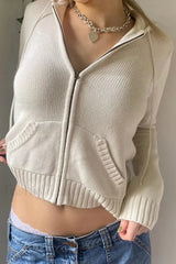 Full Zip Knit Hooded Hoodie White / S