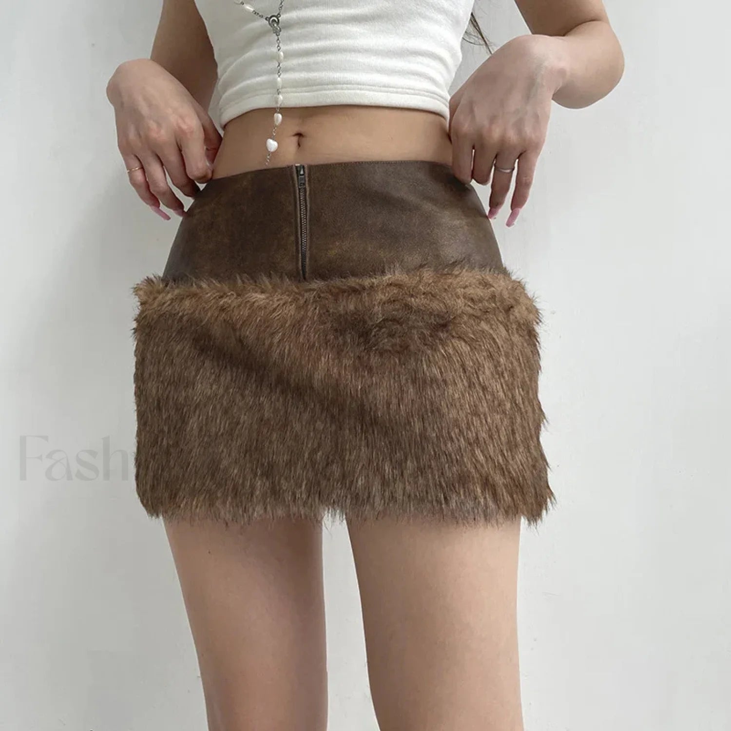 Fur Leather Patchwork Mini Skirt Main image
