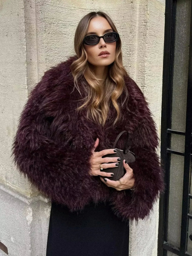 Fuzzy Faux Fur Short Coat Burgundy / XS Women Faux Fur Coats Main image