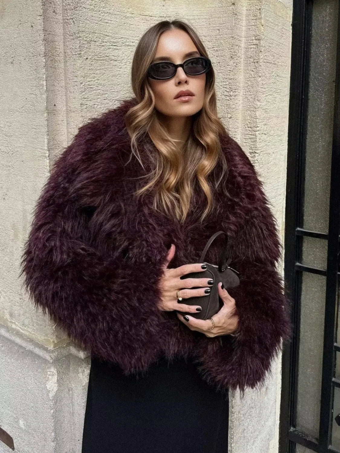 Fuzzy Faux Graceful Fur Short Coat Burgundy / XS Women Faux Fur Coats Main image