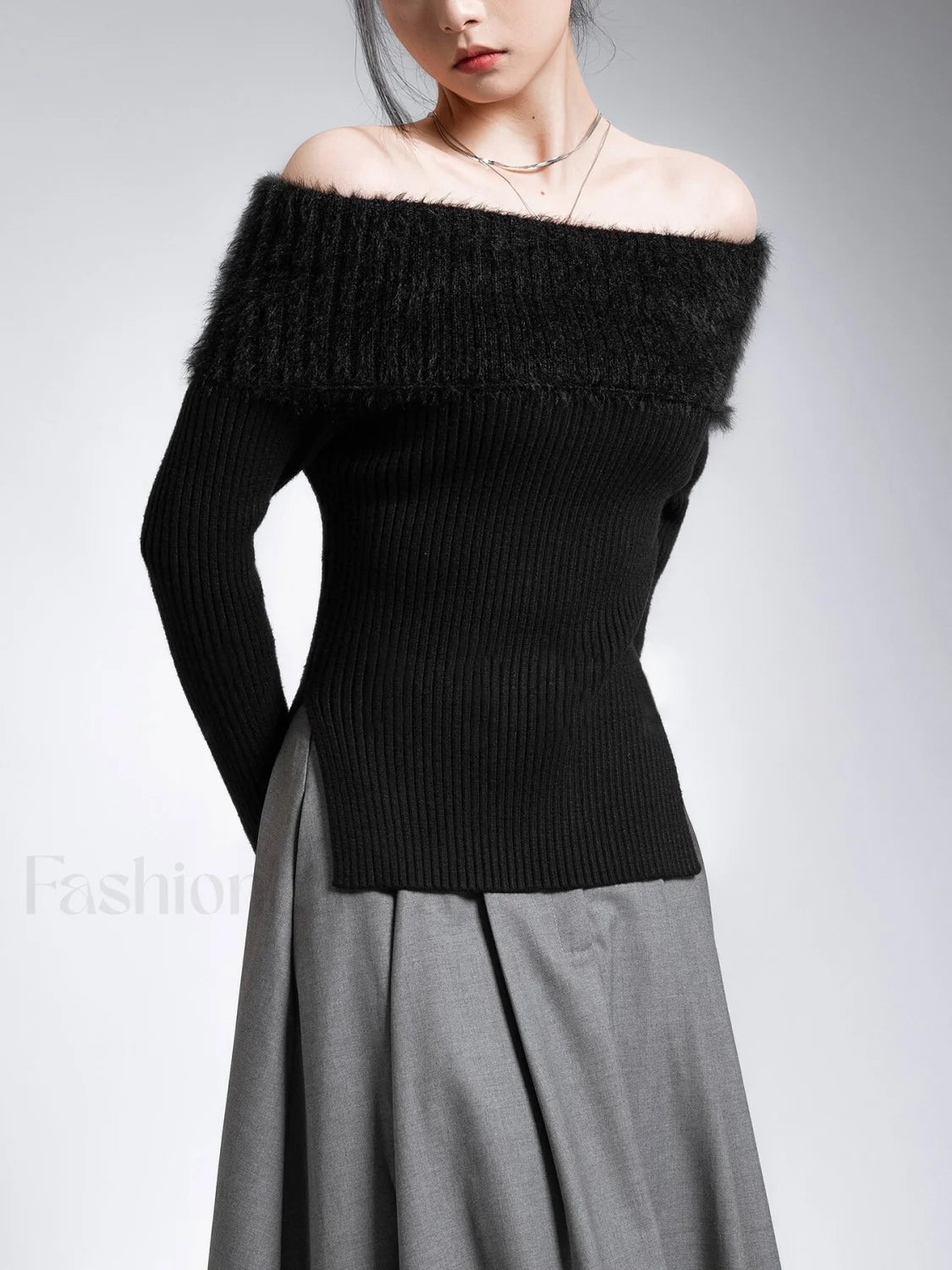 Fuzzy Off Shoulder Ribbed Modern Knit Patchwork Split Sweater Black / S Sweaters L Main image