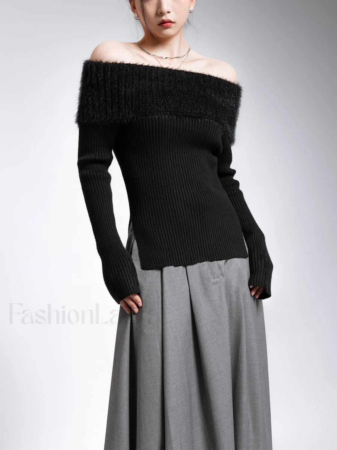 Fuzzy Off Shoulder Ribbed Modern Knit Patchwork Split Sweater Secondary image