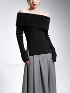Fuzzy Off Shoulder Ribbed Modern Knit Patchwork Split Sweater Sweaters L