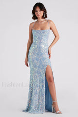 Gabrielle Formal Stylish Sequin Long Dress S / Light Blue