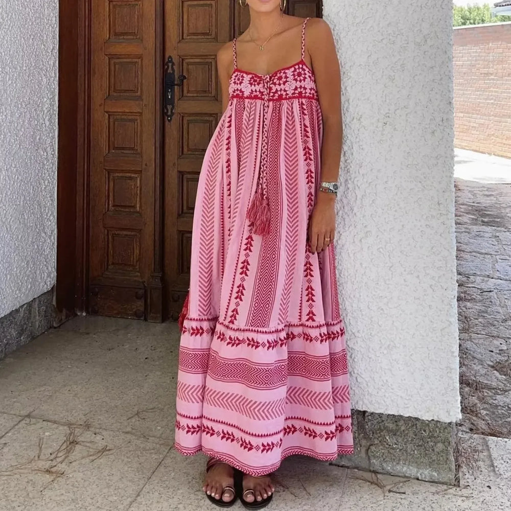 Geometric Crochet Tassel Boho Dress Pink / S
