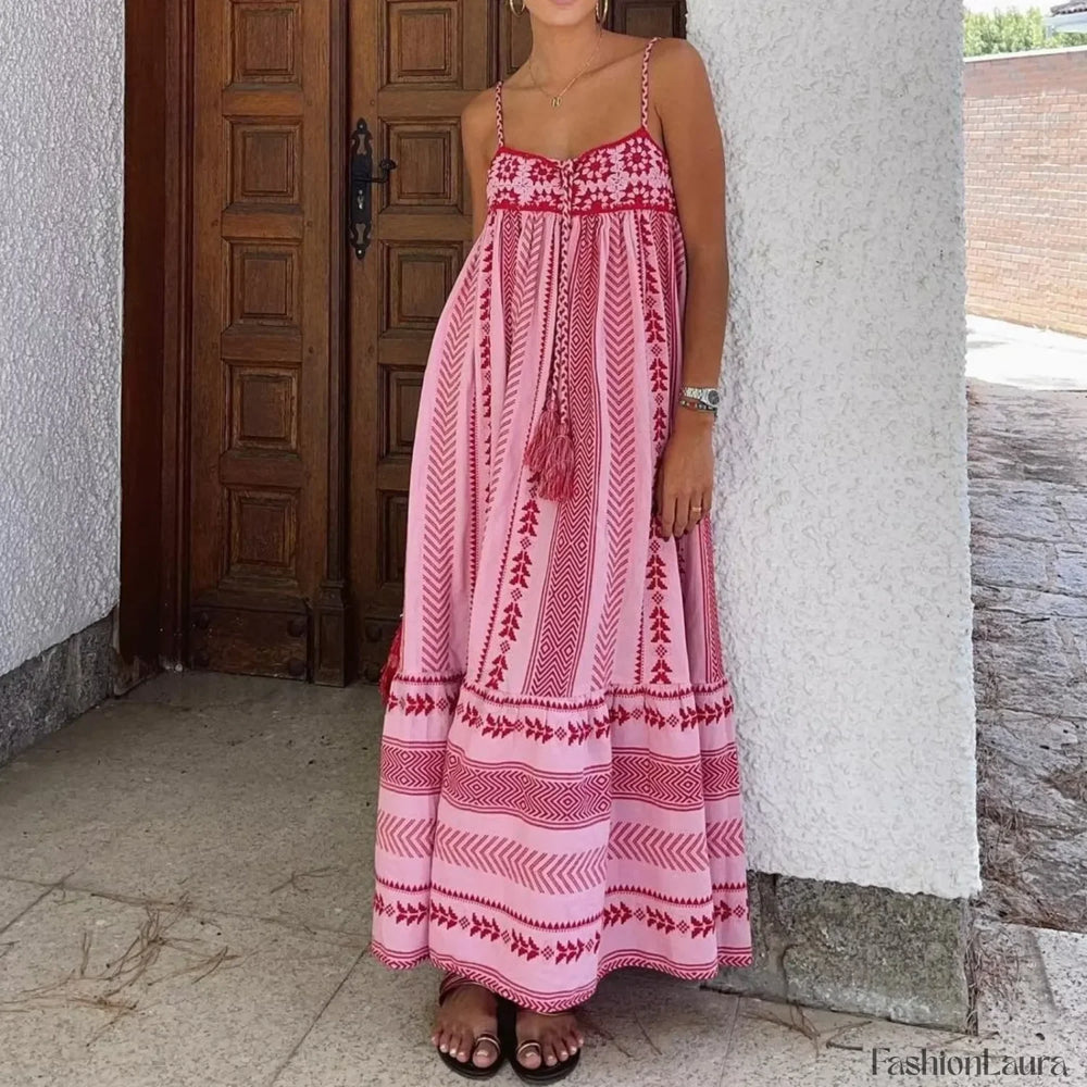 Geometric Crochet Tassel Boho Dress Pink / S