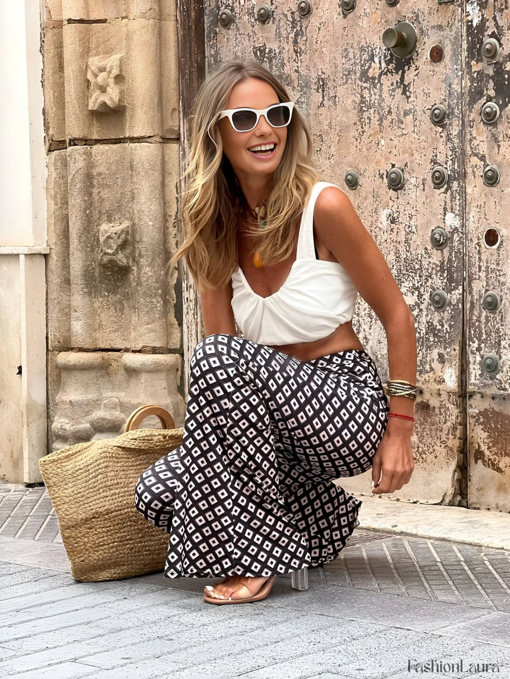 Geometrical Print Flare Pants Pants