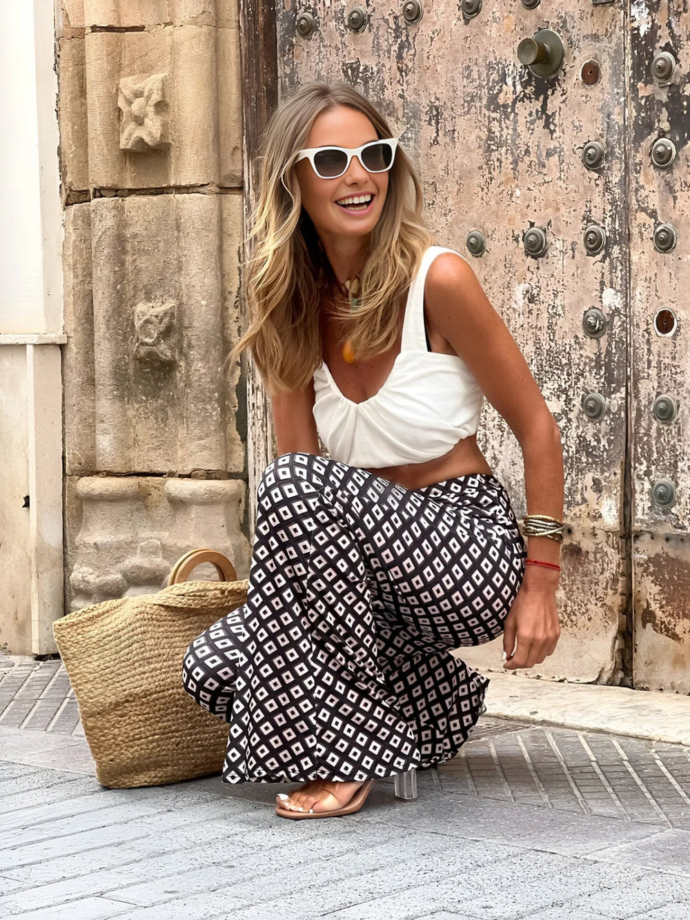 Geometrical Print Flare Pants Pants