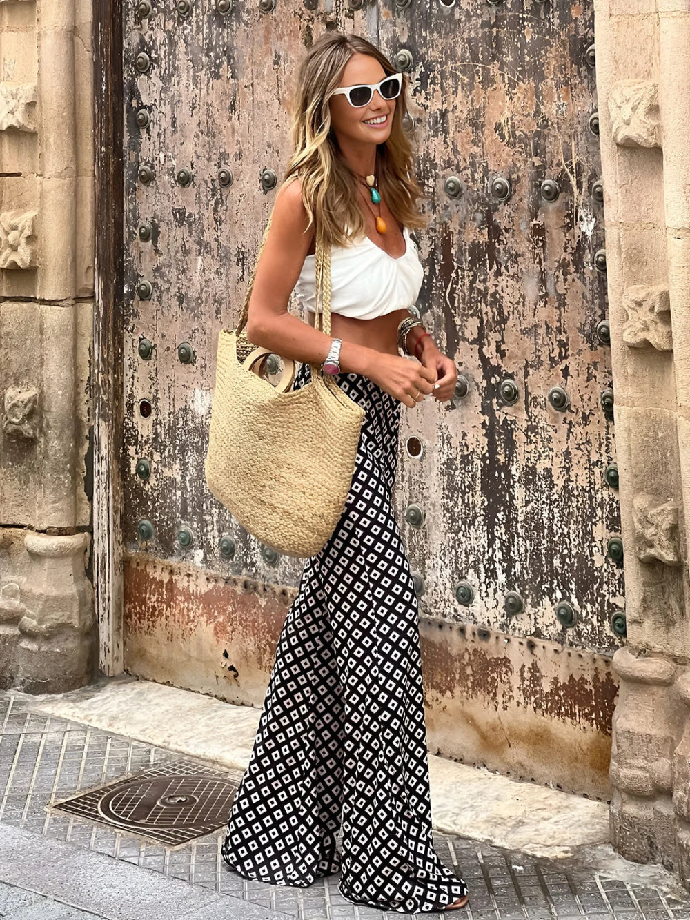 Geometrical Print Flare Pants Pants