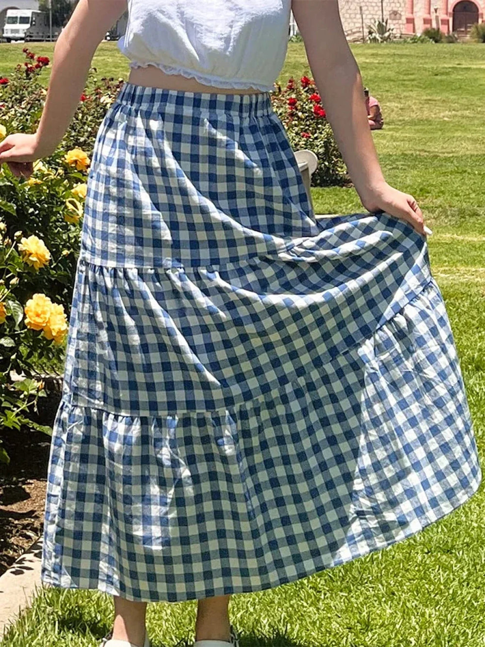 Gingham Patchwork Tiered Maxi Skirt DEEP BLUE / S