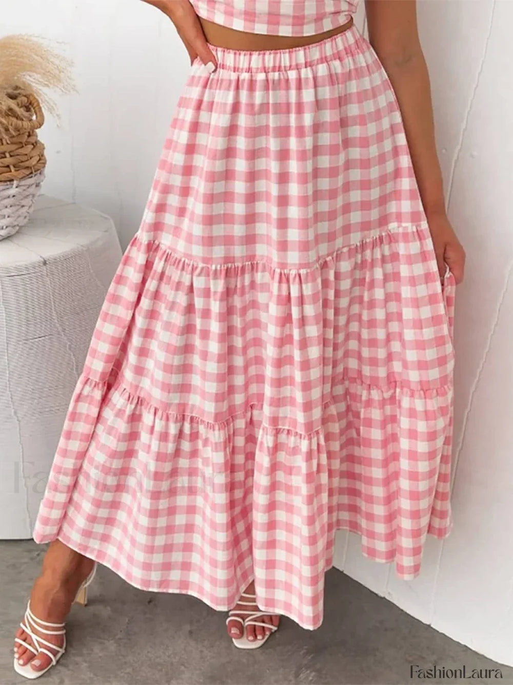 Gingham Patchwork Tiered Maxi Skirt Pink / S