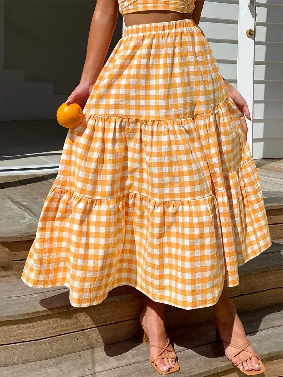 Gingham Patchwork Tiered Maxi Skirt Yellow / S Main image