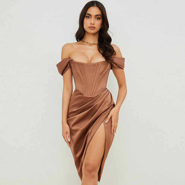 Off Shoulder Draped Corset Cocktail Midi Dress Chocolate S / Chocolate Party Dresses L Main image