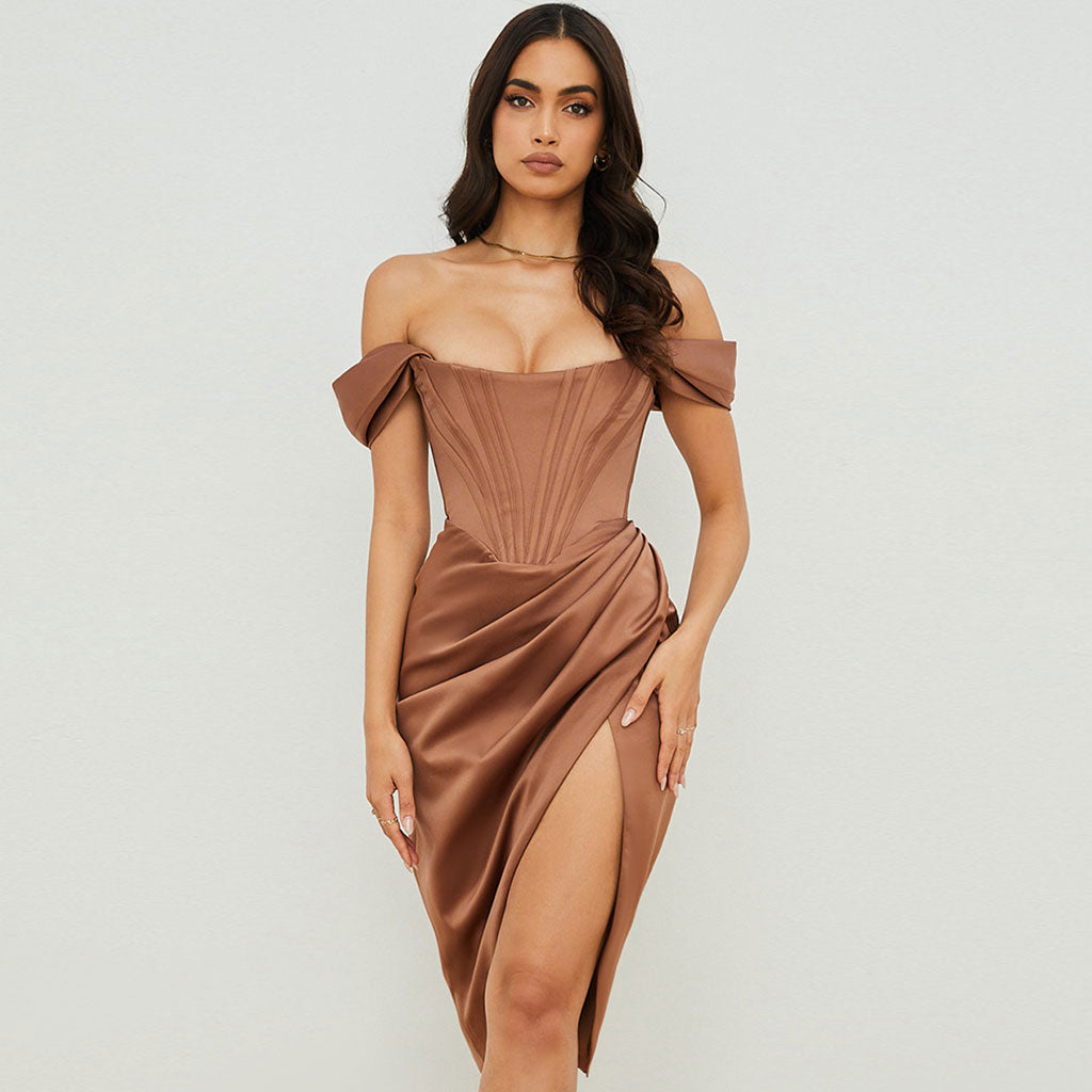 Off Shoulder Draped Corset Cocktail Midi Dress Chocolate S / Chocolate Party Dresses L