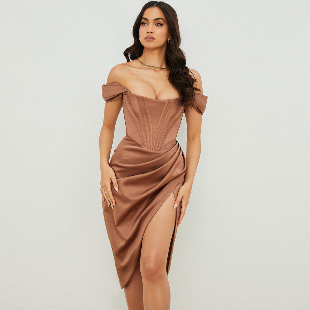 Off Shoulder Draped Corset Cocktail Midi Dress - Chocolate Secondary image