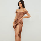 Off Shoulder Draped Corset Cocktail Midi Dress Chocolate L / Chocolate Party Dresses L