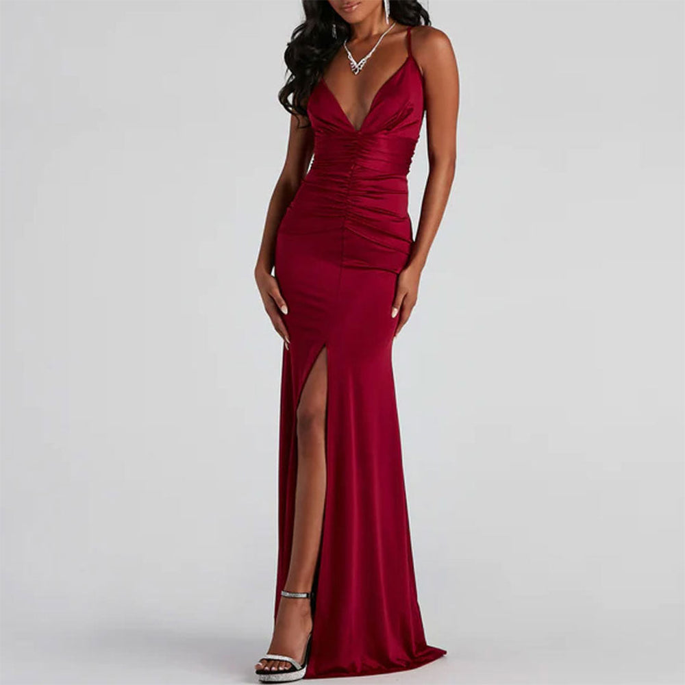 V High Slit Maxi Dress Red S / Red Formal Dresses