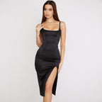 High Slit Slip Cocktail Midi Dress Black M / Black Party Dresses